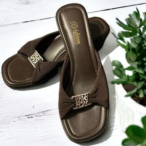 Brighton Isabel Brown Fabric and Leather Wedge Sandals Made in Italy Size 8.5